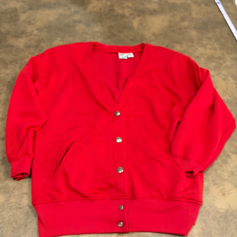 First Run Cardigan Sweatshirt Womens Medium Red Vintage Shoulder Pads Button Up